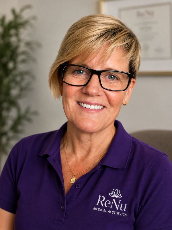 Smiling woman in purple ReNu Medical Aesthetics polo shirt.