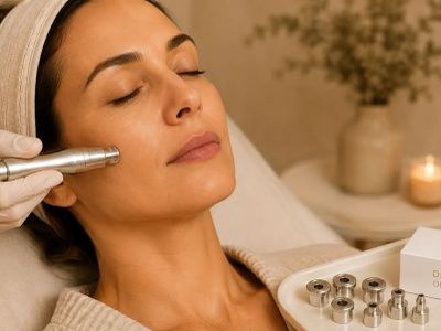 Woman receiving a facial treatment with a skincare device.