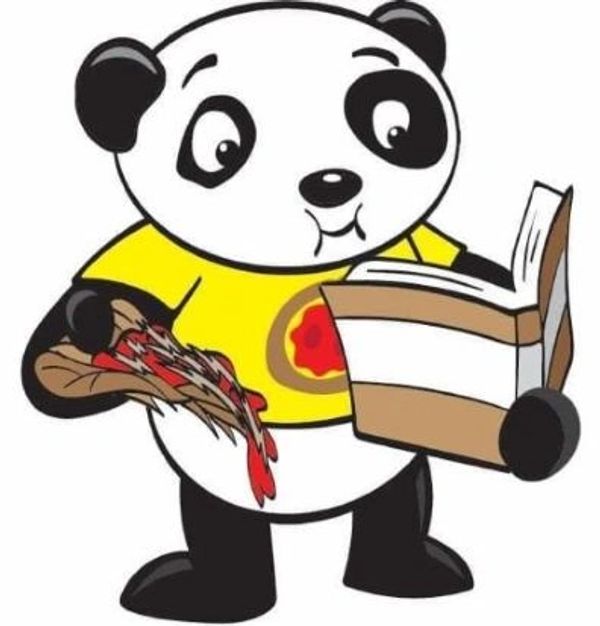Cartoon panda wearing a yellow shirt with a pizza logo, holding a book and a dripping claw.