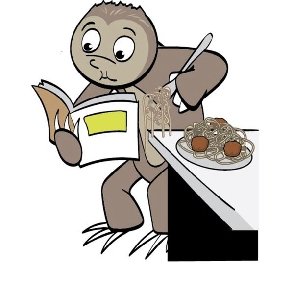 A sloth eating spaghetti while reading a book.
