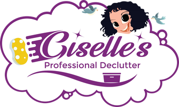 Logo for Giselle's Professional Declutter service with cartoon woman and birds.