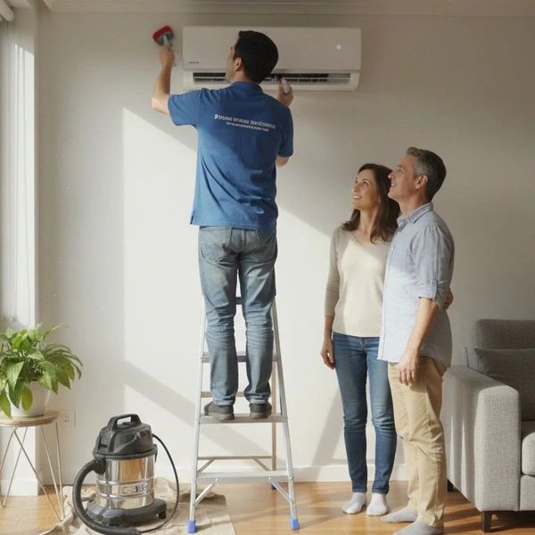 HVAC technician cleaning and inspecting a ductless mini-split indoor unit