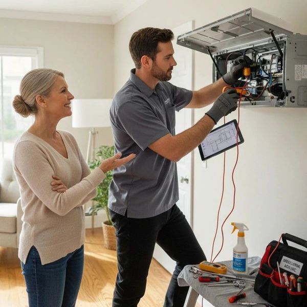 HVAC technician diagnosing and repairing a ductless mini-split system
