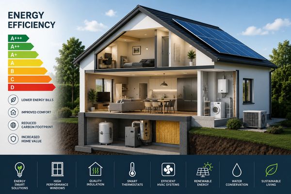 A modern energy-efficient home featuring solar panels, upgraded insulation, high-performance windows