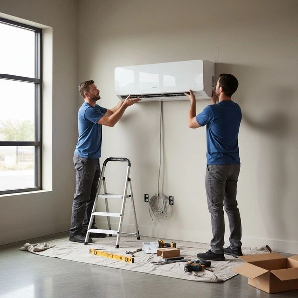 HVAC technician installing a ductless mini-split indoor wall unit