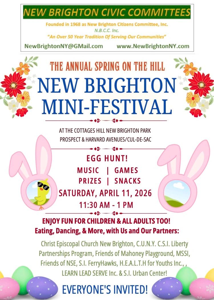Flyer for New Brighton Mini-Festival with egg hunt, music, games, and snacks on April 11, 2026.