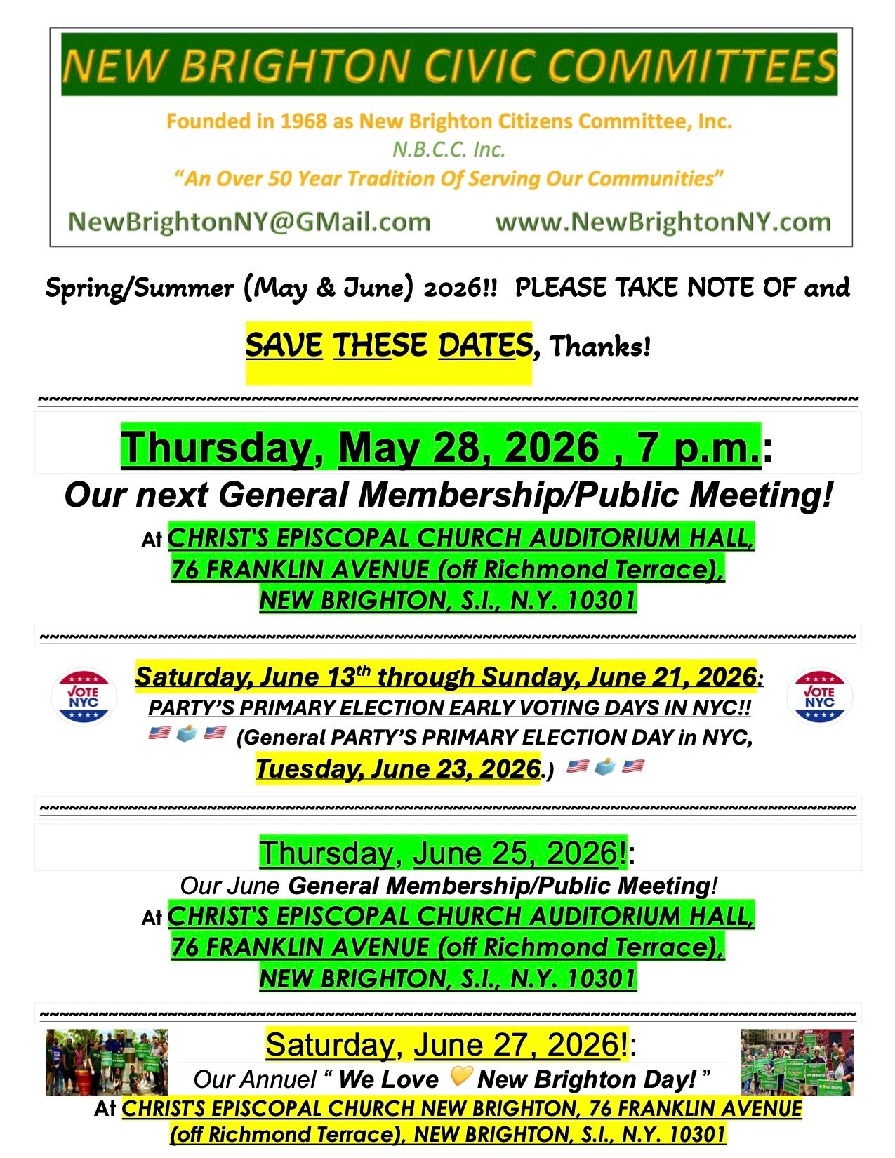 New Brighton Civic Committees announces important dates for May and June 2026 meetings and events.