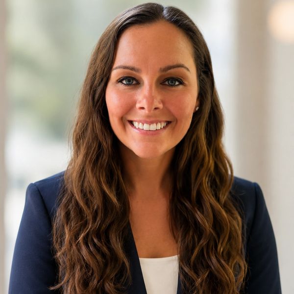 Smiling woman with long wavy hair in professional attire.