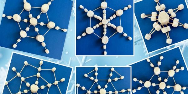Snowflakes made from marshmallows and toothpicks