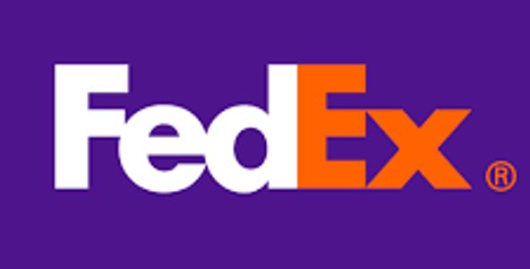 FedEx logo with purple background and orange and white text.