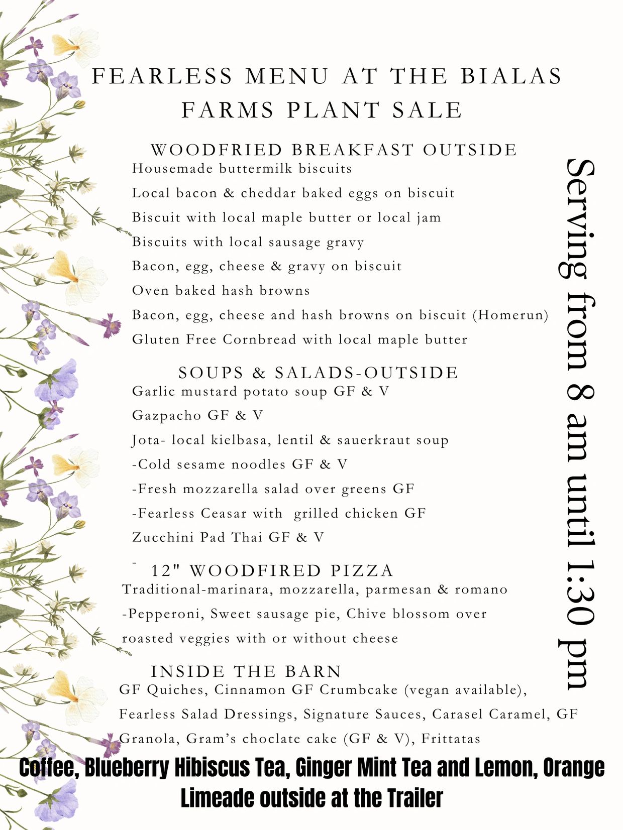 Menu at Bialas Farms Plant Sale featuring woodfired breakfast, soups, salads, pizzas, and drinks.