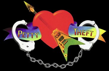Heart pierced by arrow with handcuffs labeled 'Petty Theft'.