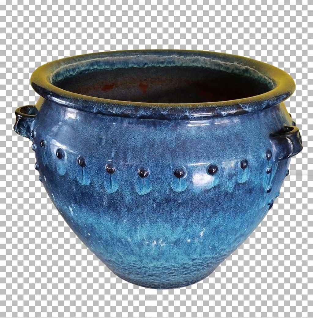 Blue ceramic pot with decorative bumps and gloss finish.