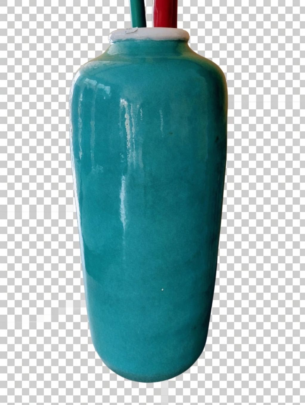Glossy turquoise ceramic vase with two colored sticks.