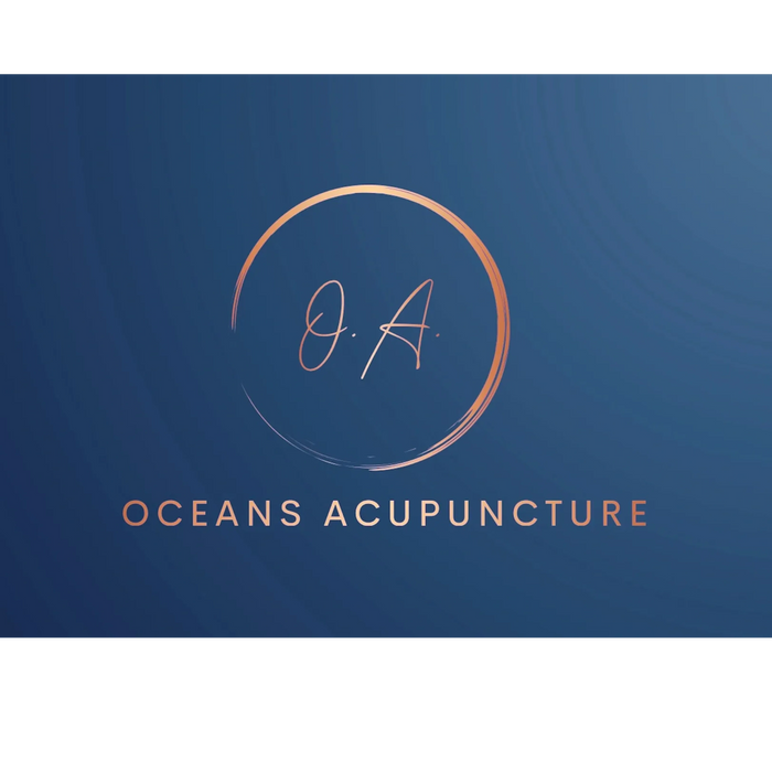 Elegant logo for Oceans Acupuncture with gold lettering on a blue background.