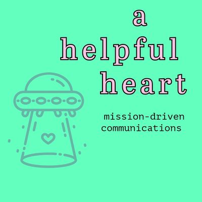 mint green square, pink lettering spelling "A Helpful Heart" with spaceship over heart. 