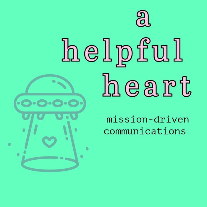 mint green square, pink lettering spelling "A Helpful Heart" with spaceship over heart. 