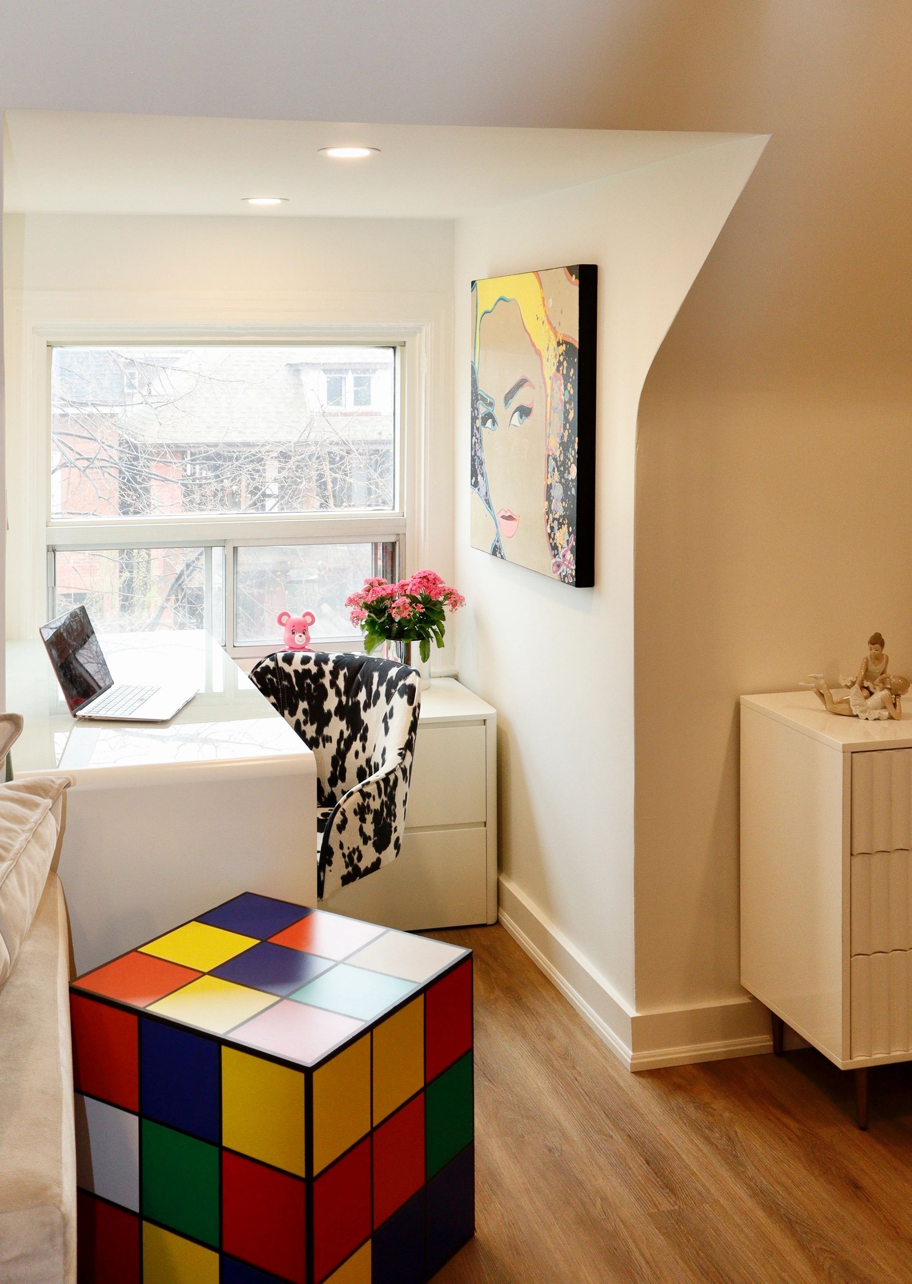 Cozy corner workspace with colorful and artistic decor