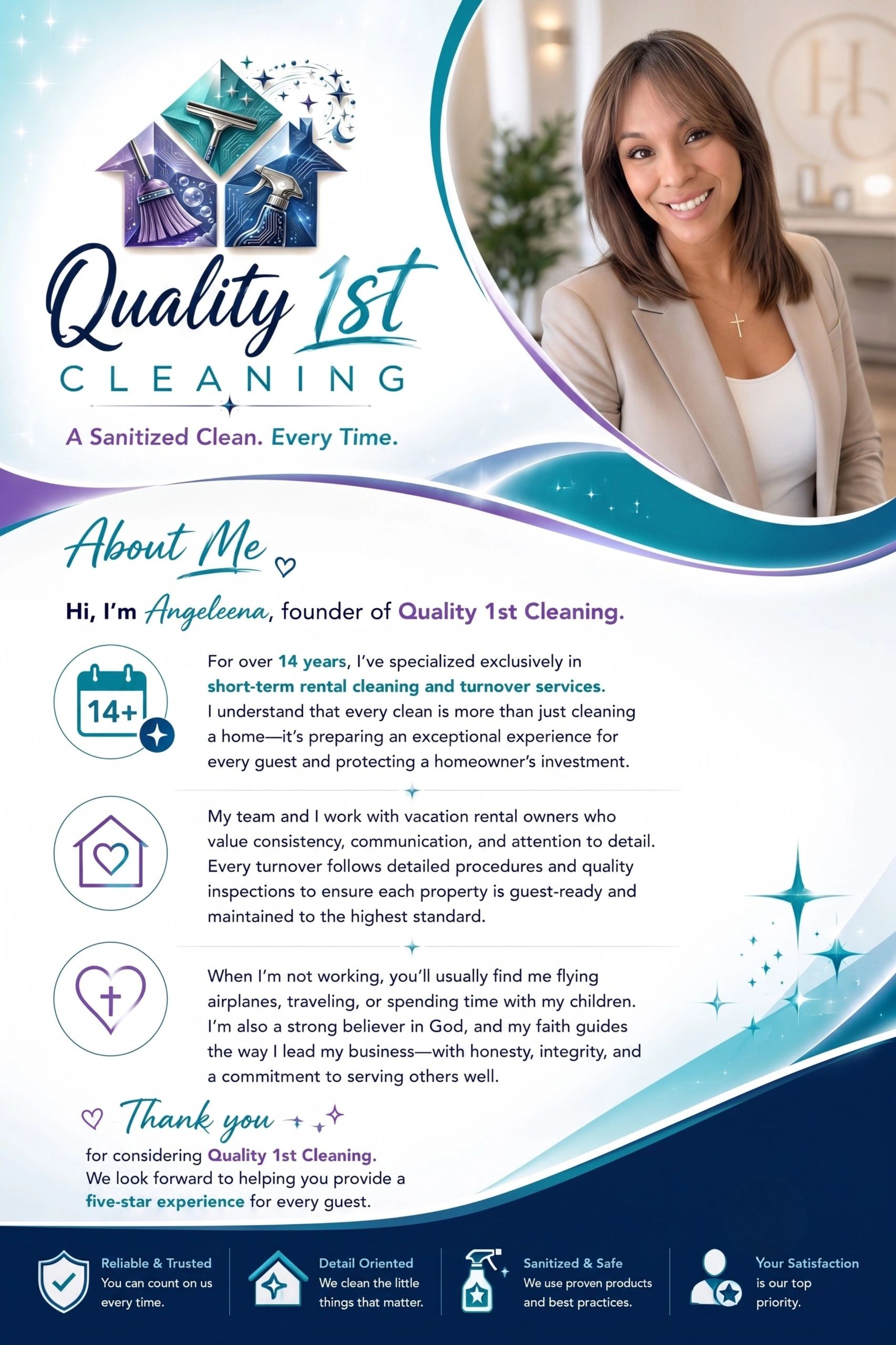 Professional cleaning service introduction by Angeleena, founder of Quality 1st Cleaning.
