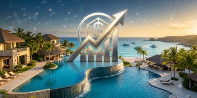 Luxury resort with a financial growth symbol.