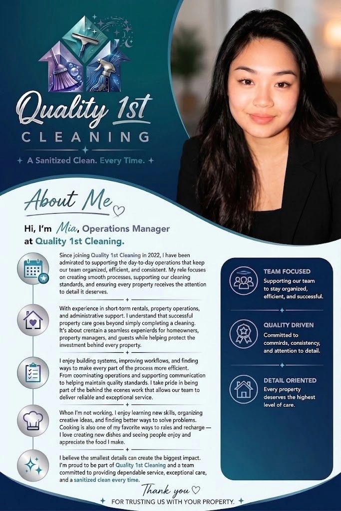 Meet Mia, Operations Manager at Quality 1st Cleaning, dedicated to exceptional service and team support.
