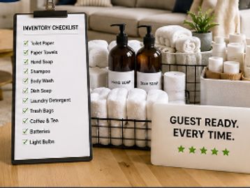 Inventory checklist and guest-ready amenities setup.