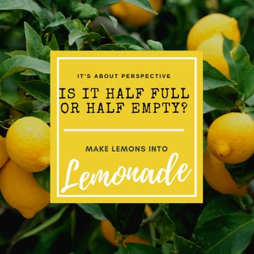 Inspirational quote, It's about perspective.  Is it half full or half empty?  Make lemons into lemonade.  Picture of lemons on a lemon tree