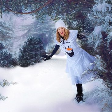 Woman dressed as Olaf looking past a tree in the snow with a surprised look on your face