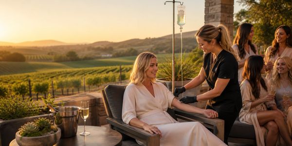 Woman receiving IV therapy outdoors with friends in scenic sunset vineyard.