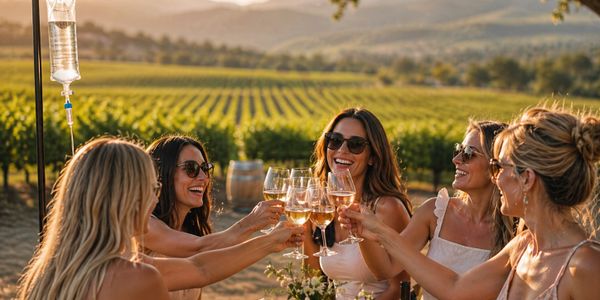Women toasting with wine glasses in a vineyard at sunset.