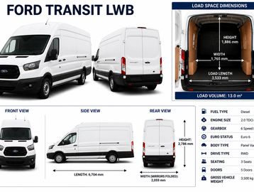 Ford Transit LWB van shown from multiple angles with load space dimensions.