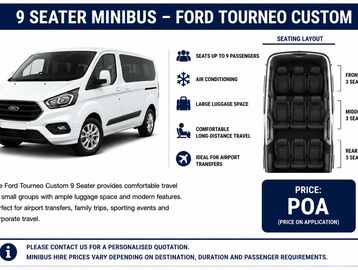 9-seater Ford Tourneo Custom minibus with spacious seating and air conditioning.