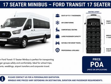 White 17-seater Ford Transit minibus with seating layout and features.