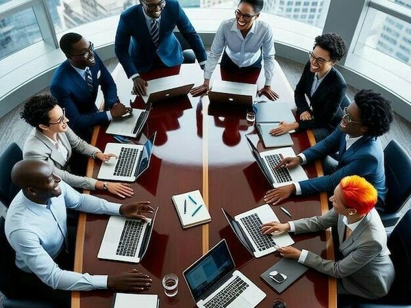 A diverse group of professionals collaborating around a boardroom table with laptops.