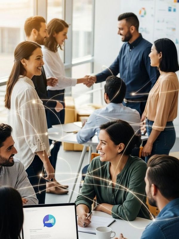 Colleagues collaborating and shaking hands in a bright office setting.
