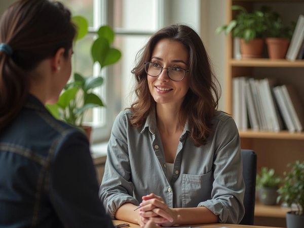 Two women engaged in a friendly conversation at a table indoors.