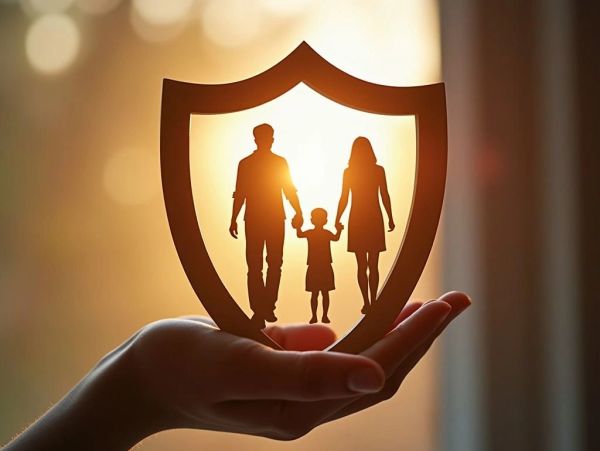 Hand holding a shield cutout with a family silhouette inside.
