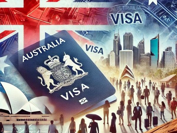 Australian visa concept with passport, cityscape, and travelers.