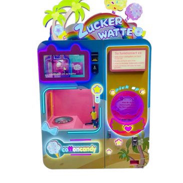 Colorful cotton candy vending machine with playful designs and bright lights.