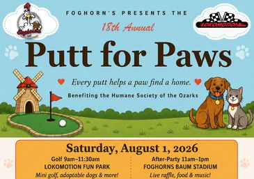 Flyer for the 18th Annual Putt for Paws charity mini golf event benefiting animal adoption.