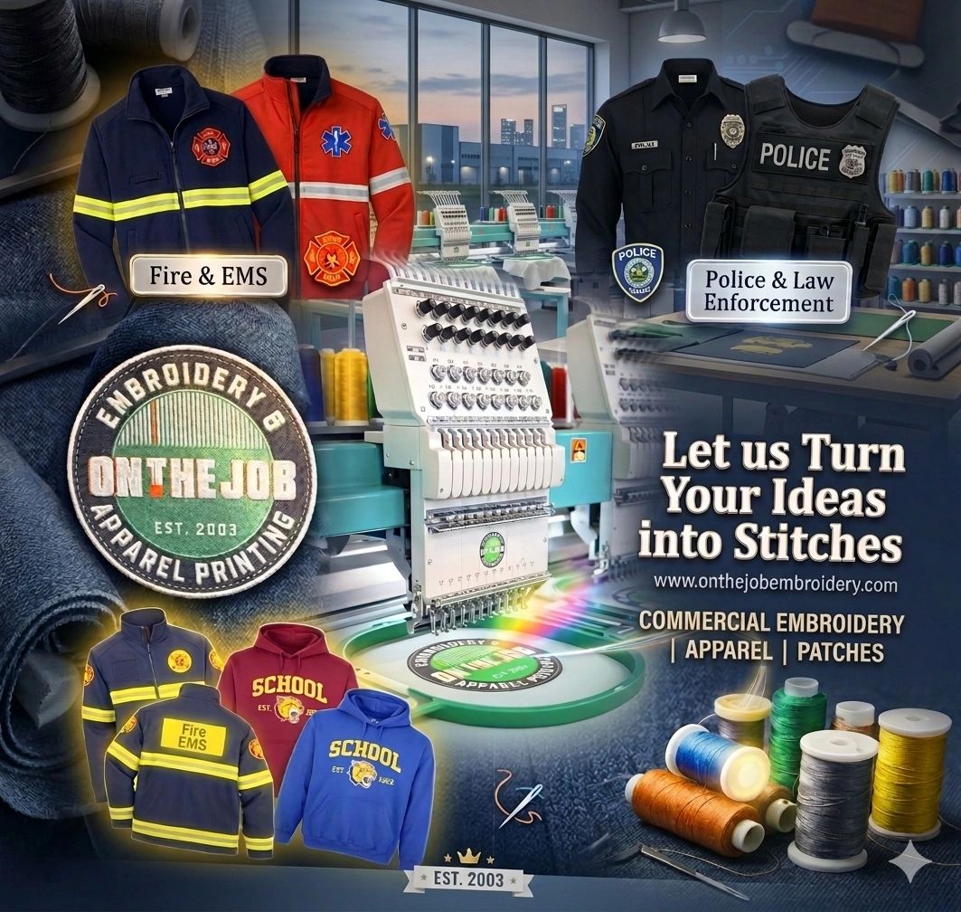 Commercial embroidery services for Fire, EMS, Police, Law Enforcement, and School apparel.