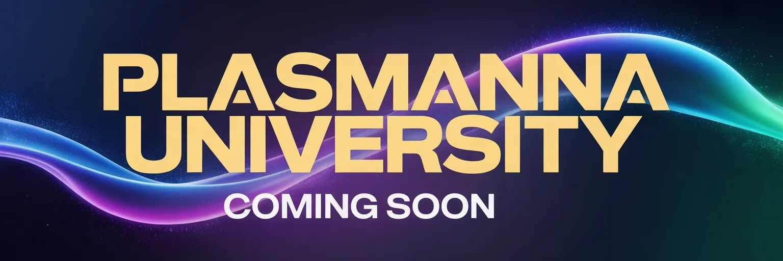Plasmanna University announcement with vibrant waves, coming soon.