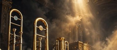 Golden brass instruments in a dimly lit hall with rays of light.