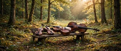 Four string instruments resting on a bench in a forest.