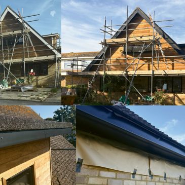 Collage of house roof renovation with scaffolding and new gutter installation.