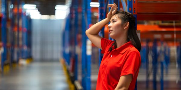 A woman in a warehouse wiping sweat from her forehead due to excessive heat 