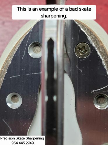 Close-up of a poorly sharpened ice skate blade.