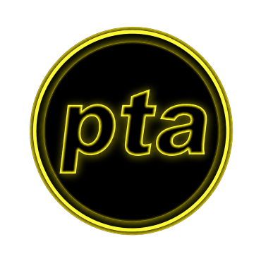 Glowing yellow 'pta' text in a circular black background.