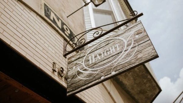 Rustic wooden sign for Haight coffee shop.