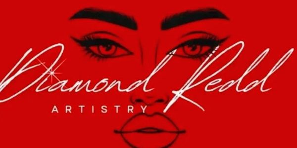 Elegant logo for Diamond Redd Artistry with stylized facial features on red.